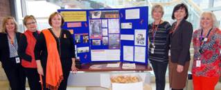 As part of their 16 day of activism the Zonta Club of Woodstock put up a display at the Woodstock Hospital. Left to right, Jayne Menard, VP of patient care chief nursing officer, Lynda Reeves of Zonta, Ann Pearce, Zonta, Heidi Dantes, director of emergency outpatient clinic, Natasa Veljovic, president of WH, and Judi Tapp, program nurse Regional Sexual Assault and Domestic Violence Treatment Program.  TARA BOWIE / SENTINEL-REVIEW / QMI AGENCY